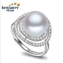 Anillo de perlas de agua dulce real de 100% Anillo simple de la perla del diseño 9-10m m AAA Botón 925 Anillo de la perla del agua dulce